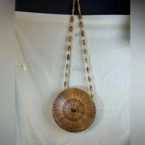 Round Vintage Circle Bamboo Wood Brown Bag purse corded shoulder bag trendy Boho